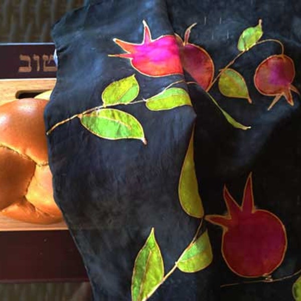 Hand-Painted Silk Challah Cover (bread cover): "Pomegranate Night Garden" - Pomegranates, Leaves on Black with Gold Detailing