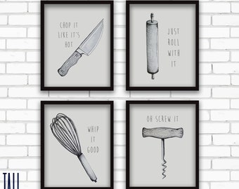 Kitchen Art | Funny Quotes with Hand Drawn Sketches | Set of 4 | 16"x20"
