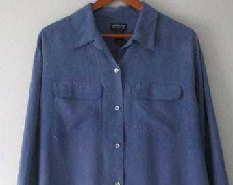 Oversize Silk Blouse Cornflower Blue Brushed Silk Button Down Collared Vintage Liz Claiborne Collection Shirt Size 14 Large