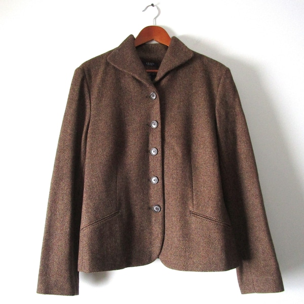 Wool Tweed Blazer Brown 90s Button Down Knit Jacket CHAPS Vintage Wool Viscose Blend XL16