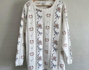Floral Bow Cotton Sweater - Vintage 90s Weathervane - Womens Size Large
