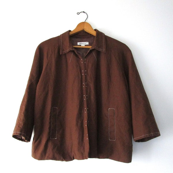 Brown Linen Jacket Hook and Eye Coat Rayon Blend Lined Chocolate Brown Contrast Stitching Coldwater Creek Pockets Cropped Swing Jacket XL