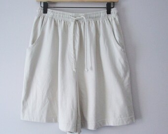 Beige Tie Shorts Cotton Elastic Waist Vintage Gym Shorts Jennifer Moore High Rise Pockets Minimalist Medium