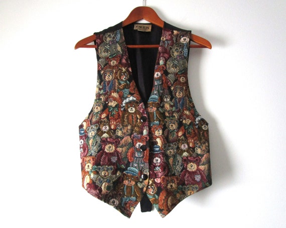 Vintage Teddy Bear Vest 90s Tapestry Weave Vest T… - image 2