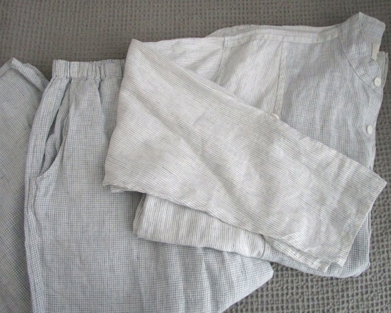 Linen Pant Set FLAX by Jeanne Engelhart White Blue Stripe Check Grid Large  
