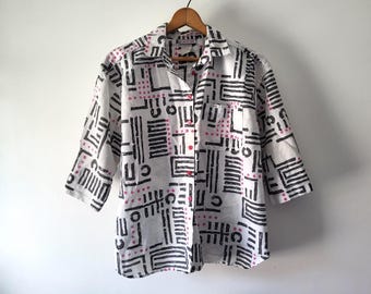 80s Abstract Print Blouse: Vintage Oversize Button Down Shirt, Size XL
