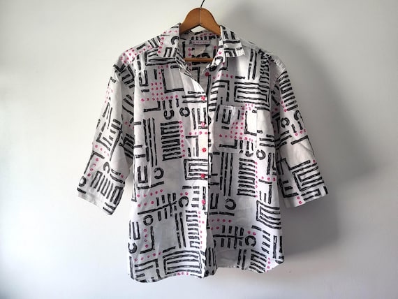 80s Abstract Print Blouse: Vintage Oversize Button Down Shirt, Size XL