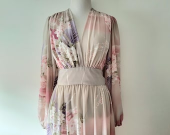 Lange jurk met diepe V-bloemen, jaren 70 dames vintage maat Medium Large