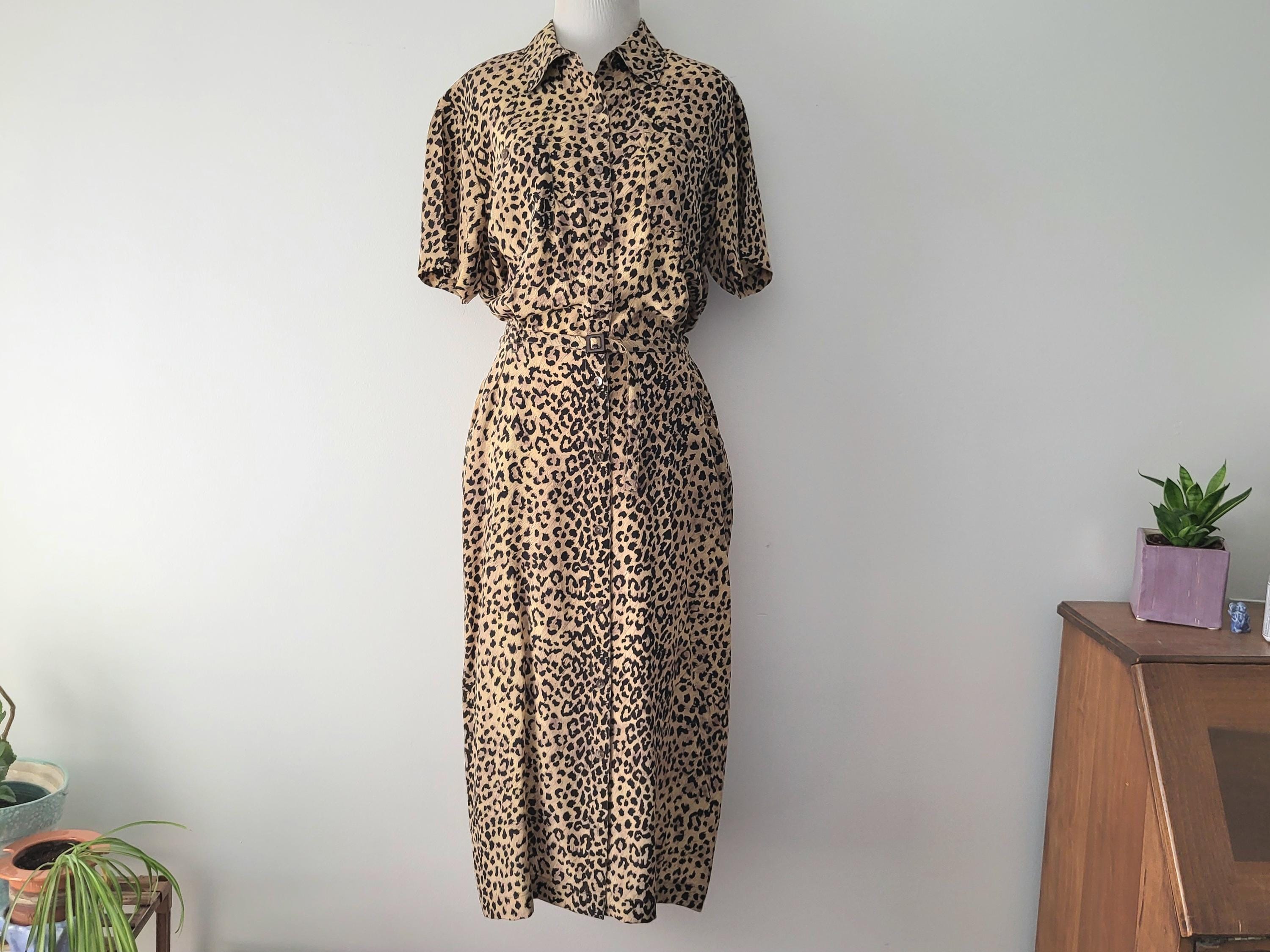 Vintage Silk Leopard Print Shirt Dress 90s Robbie Bee Size 12