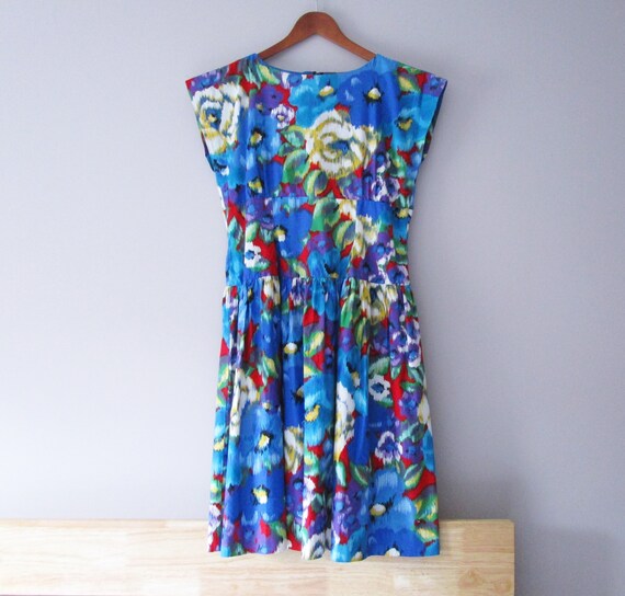 Vintage 80s Sundress Blue Floral Dress Cotton Bold