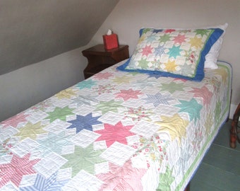 Patchwork Quilt and Pillow Sham Twin Size Vintage 90s 00s Ramie Cotton Keeco Bedding Cottagecore Star Pattern Multi Color