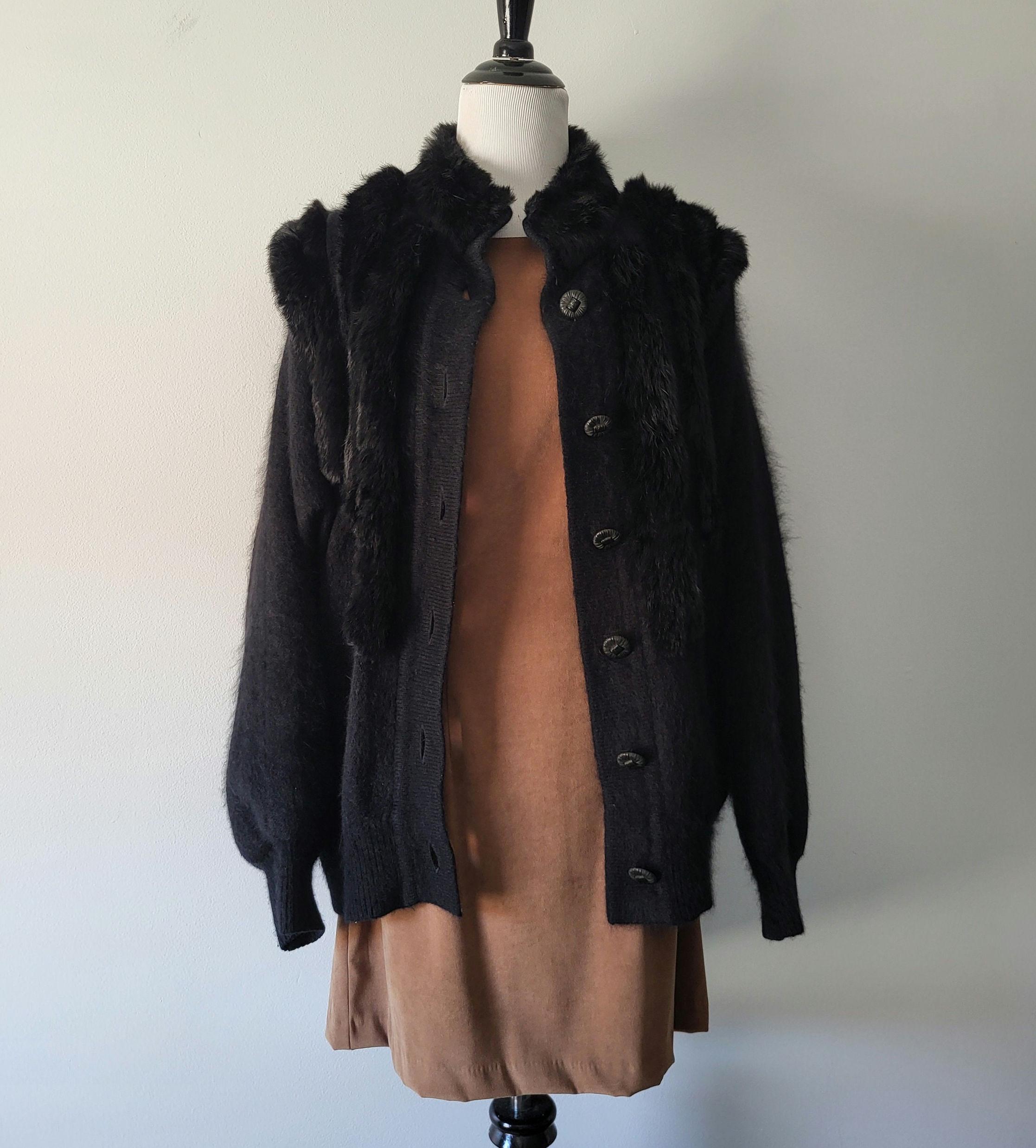Angora Rabbit Fur Trimmed Cardigan Sweater Jacket Large XL
