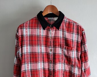 Red Plaid Flannel Shirt - Vintage 90s Basic Editions - Size Large