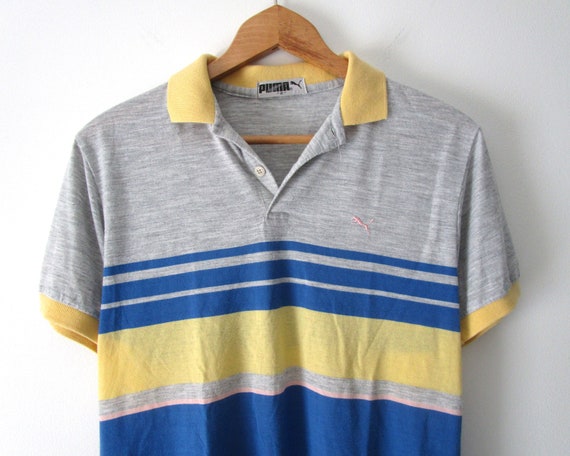 80s Puma Polo Shirt Gray Blue Yellow Stripe Vinta… - image 2