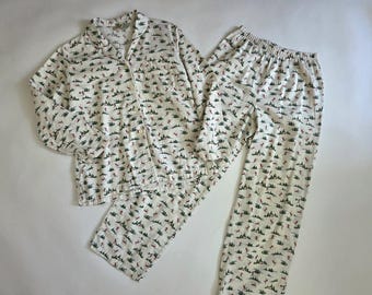 Flannel Pajama Set Ski Pattern - Vintage LL Bean - Womens Size Small