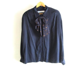 80s Bow Blouse - Vintage Navy Rayon Shirt, Size Large