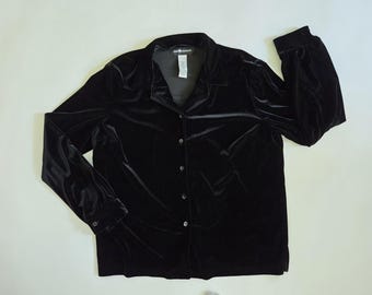 Black Velvet Button Down Blouse - Vintage 90s Sag Harbor - Size Large