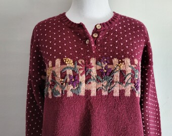 Embroidered Flowers Picket Fence Sweater - Vintage 80s Gina Peters - Womens Size Medium
