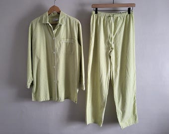 Gingham Cotton Pajama Set - Vintage 90s Grass Green - Womens Size Small