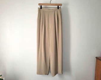Beige Silk Trousers - Pleated Straight Leg - Womens Size 8