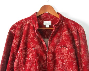 Floral Corduroy Jacket Christopher & Banks Y2K Red Denim Coat Zip Up Cotton Stretch size XL