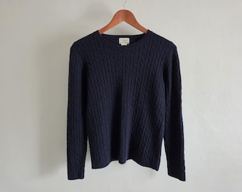 Cable Knit Wool Blend Sweater - Vintage 00s LL Bean Navy Blue - Womens Size Medium