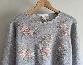 Silk Angora Blend Embroidered Sweater - Vintage 90s Lise J - Womens Size Small