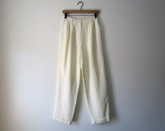 Pantaloni a pieghe a vita alta Pantaloni in misto rayon e lino avorio Talbots Pantaloni con risvolto affusolato color crema foderati 8 Petites