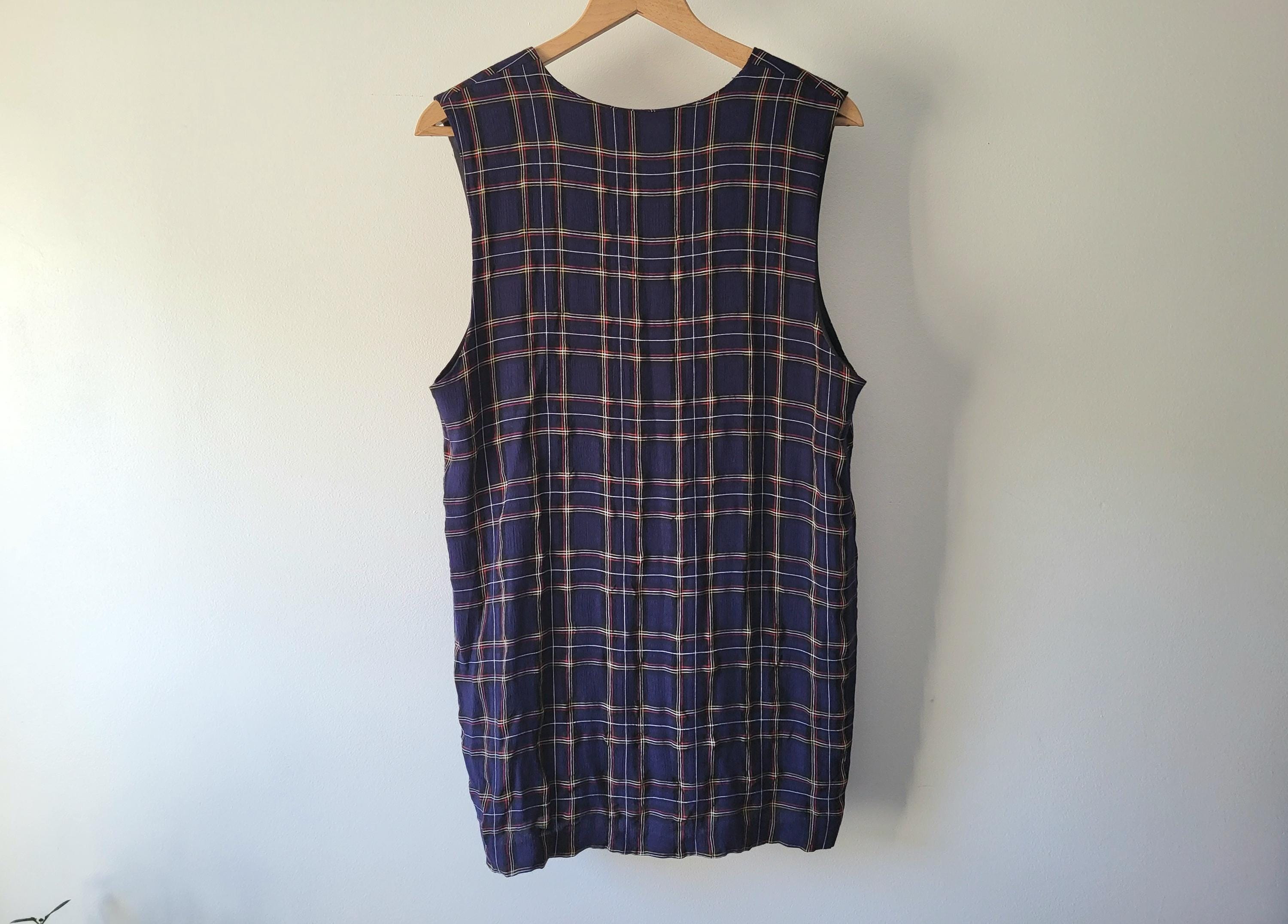 blue plaid jumper dress Navy Blue Plaid Overall Dress with Black Ribbed Sweater Set, L