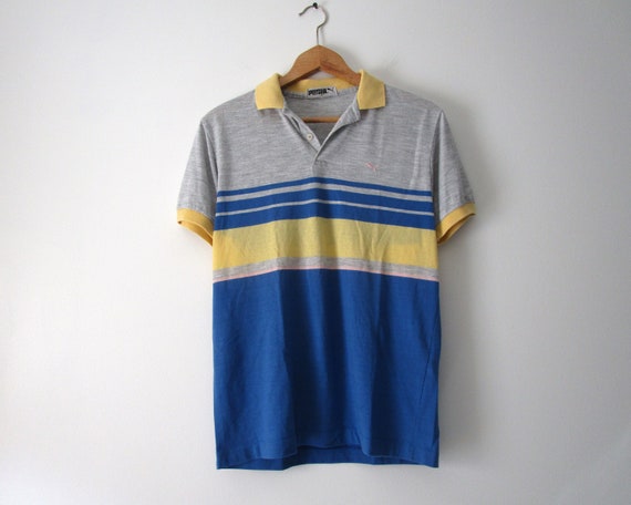80s Puma Polo Shirt Gray Blue Yellow Stripe Vinta… - image 1