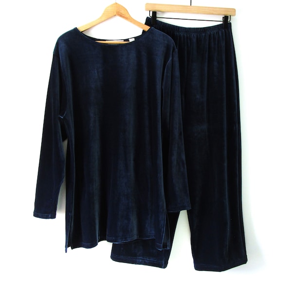 Velvet Pant Set Navy Blue Stretch Velour Amanda Smith Lounge Wear Tunic Pants Set 2 Piece Cozy Matching Coordinates Polyester Lycra Large