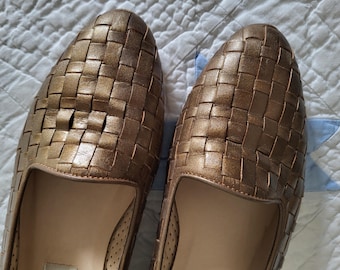 Woven Leather Flats Metallic - Vintage 90s Enzo Angiolini - Womens Size 7-7.5