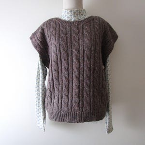 Chaleco de punto trenzado - Vintage años 80 - Talla grande para mujer - Gris jaspeado y morado