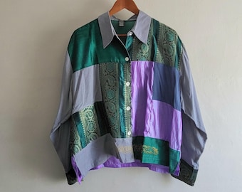 Mixed Patchwork Blouse - Vintage 90s Harris Wallace - Size XL