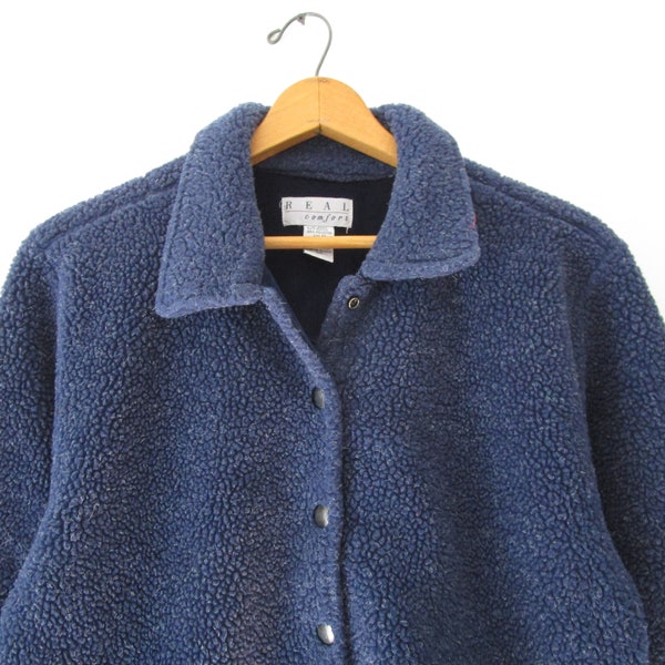 Teddy Fleece Snap Button Jacket Navy Blue Thick Collar Acrylic Polyester Thick Real Comfort Coat Medium