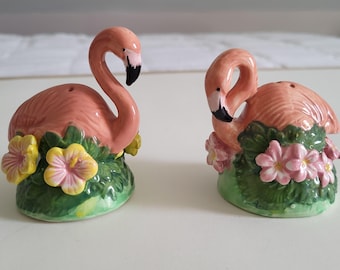 Vintage Flamingo Salt & Pepper Shakers - Ceramic Pink and Green