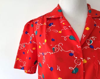 Abstracte blouse jaren 80 - medium - vintage - button-down, korte mouw