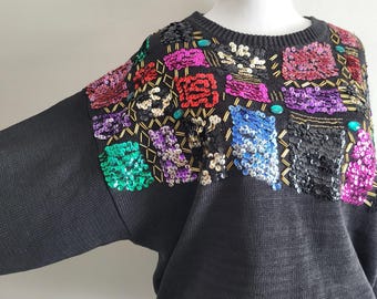 Sequin Shape Pullover Sweater - Vintage 80s - Womens Size Medium
