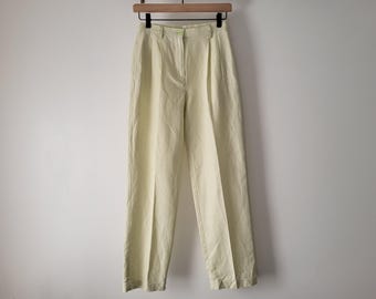 Linen Trousers High Waist Pleated Straight - LizSport Pale Yellow Pants Size 4