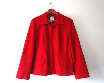 Zip Wool Blazer 90s SAG Harbor Red Jacket Zip Front Collared Pockets Cropped Lined Plus Size 16