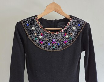 Jeweled Bib Knit Dress - Vintage 80s Carole Little - Womens Size P