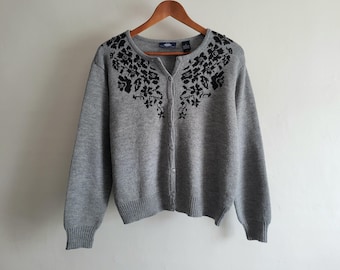 Gray Beaded Cardigan - Vintage 90s 00s Crazy Horse - Womens Size Medium