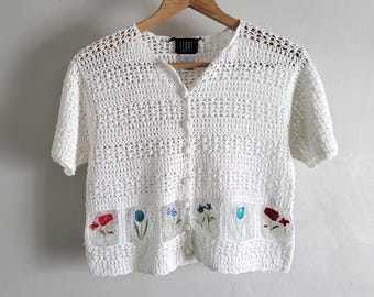 Crochet Short Sleeve Cardigan Embroidered - Vintage 90s Teddi - Womens Size 8