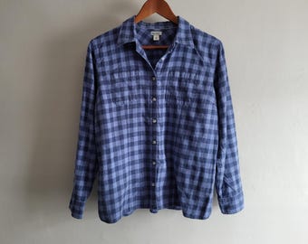 Gingham Check Flannel Shirt - LL Bean Blue Cotton - Womens Size Medium