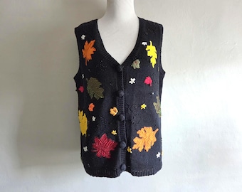 Autumn Vest with Leaves - Vintage 90s Basic Editions - Womens Size Medium