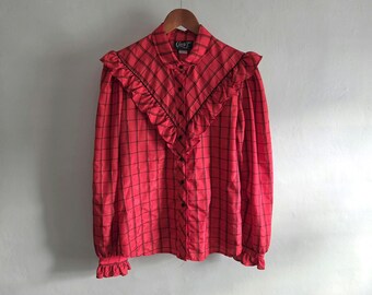 Red Plaid Ruffle Blouse - Vintage 70s 80s Circle T - Size Medium or Large