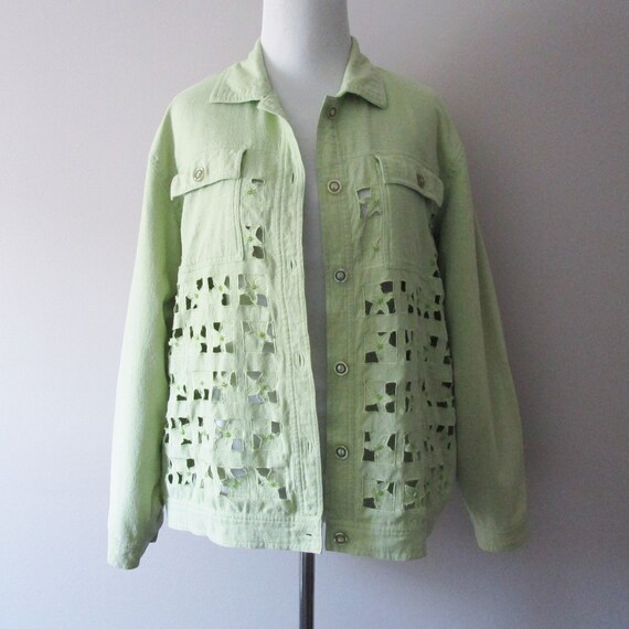 Vintage 90s Raw Silk Cut Out Jacket Coat Light Gre