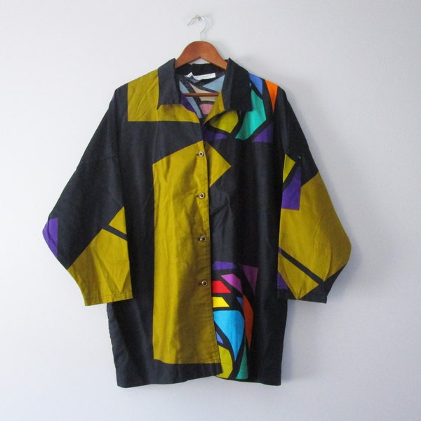 Vintage Oversize Button Down Shirt Catherine Ogust Bluse Tunika Abstrakt Baumwolle Schwarz Multicolor Langarm Kragen 80er 90er Groß XL