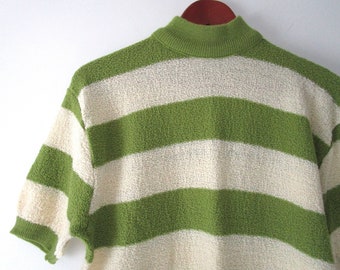 Vintage 60s Knit Top Holbrook Knitwear Orlon Acrylic Green Ivory Stripe Mock Neck Short Sleeve Sweater Large