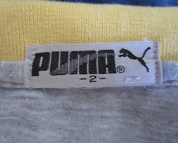 80s Puma Polo Shirt Gray Blue Yellow Stripe Vinta… - image 3